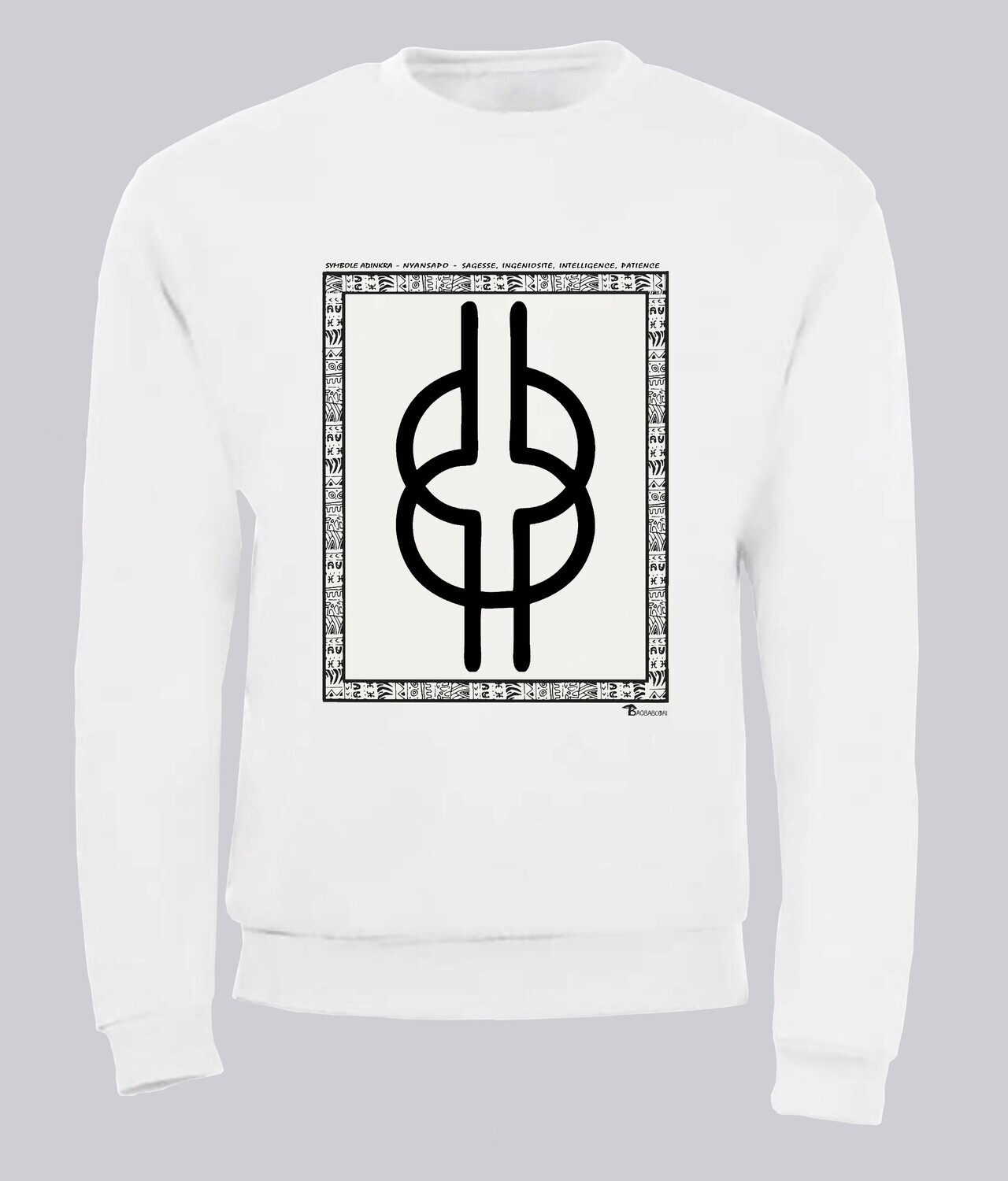 SWEAT SYMBOLE ADINKRA  "NYANSAPO" SAGESSE -INGENIOSITE - INTELLIGENCE- PATIENCE, COULEUR: BLANC, FOND MOTIF: BLANC