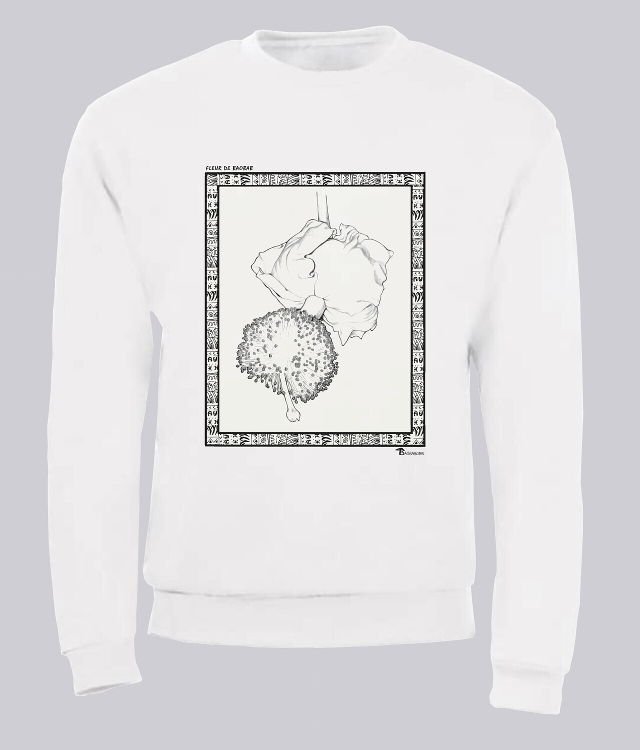 SWEAT FLORE FLEUR DE BAOBAB, COULEUR: BLANC, FOND MOTIF: BLANC