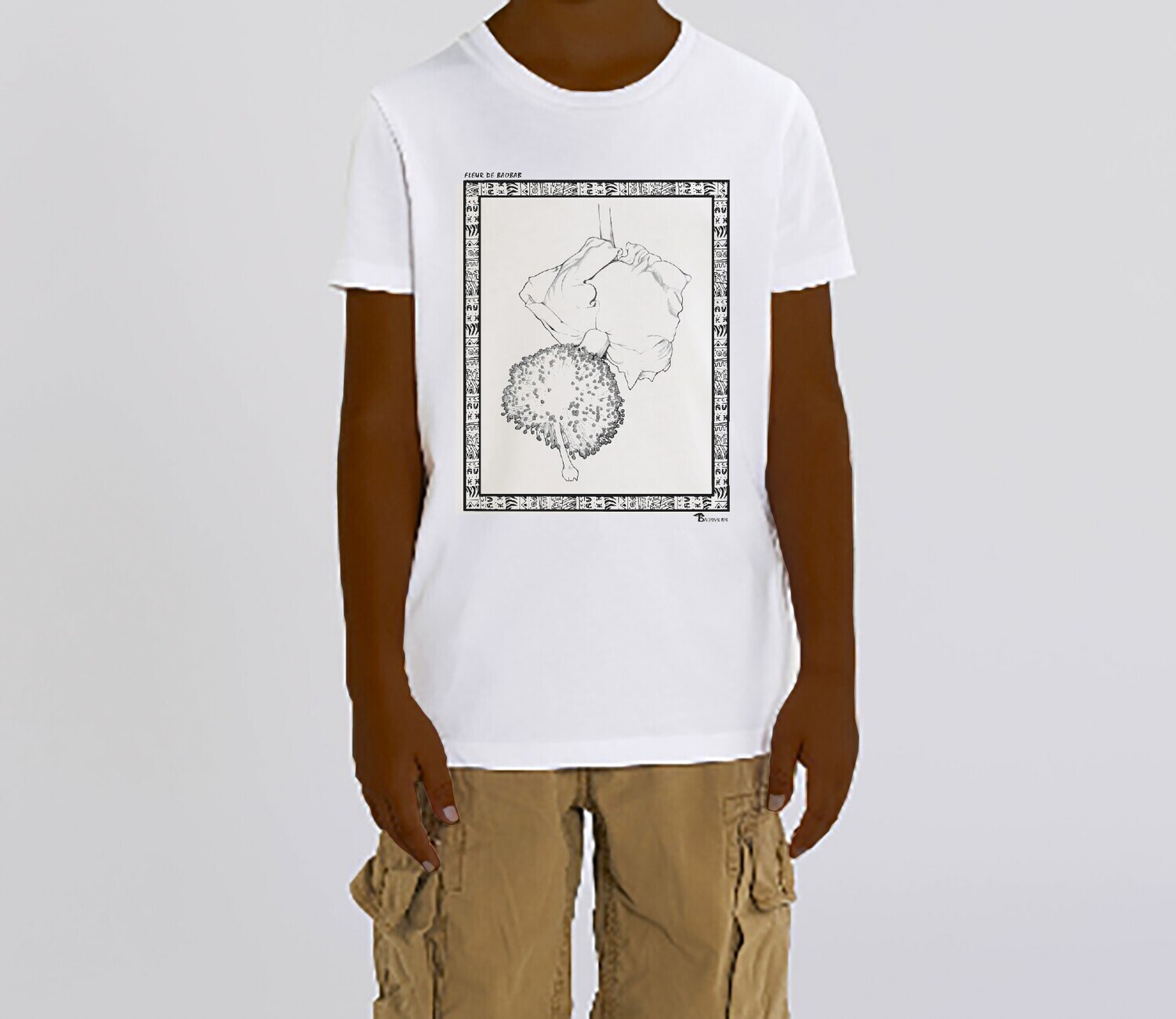 TEE SHIRT FLORE FLEUR DE BAOBAB, COULEUR: BLANC, FOND MOTIF: BLANC