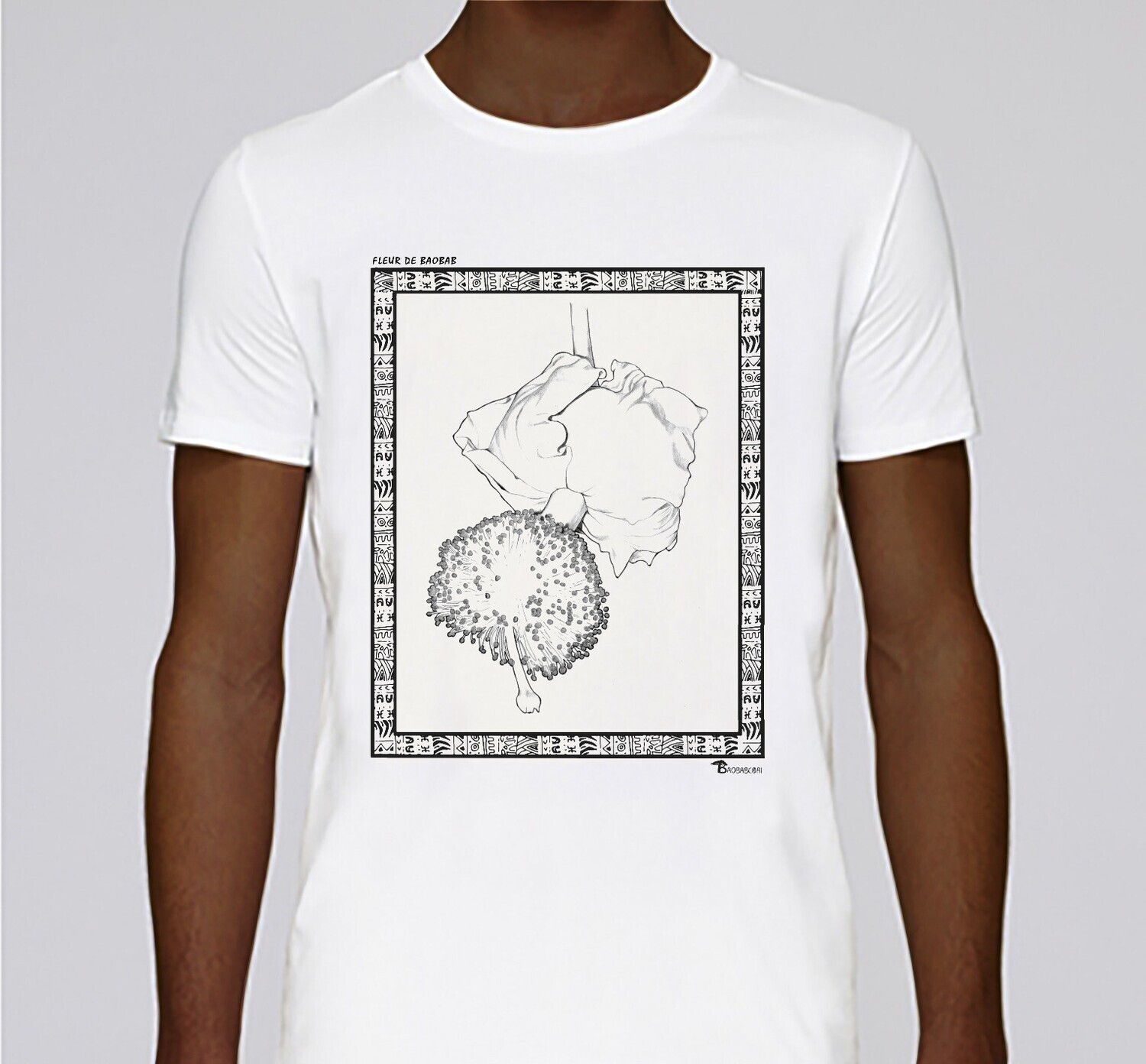 TEE SHIRT FLORE FLEUR DE BAOBAB, COULEUR: BLANC, FOND MOTIF: BLANC