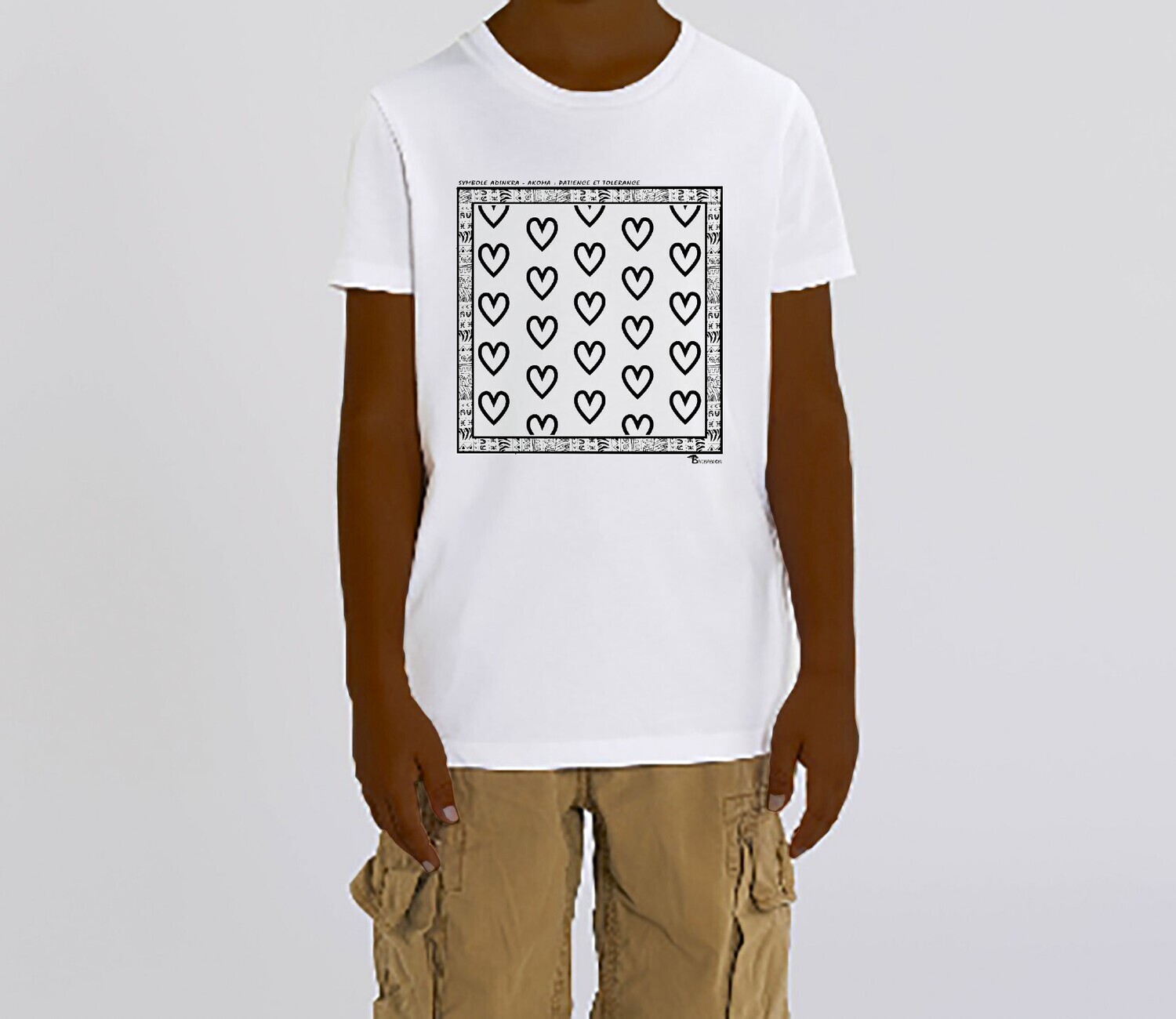 TEE SHIRT SYMBOLE ADINKRA  "AKOMA" TOLERANCE- PATIENCE, COULEUR: BLANC, FOND MOTIF: BLANC
