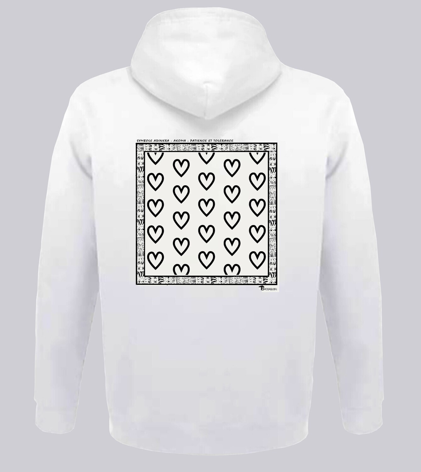 SWEAT A CAPUCHE SYMBOLE ADINKRA "AKOMA" TOLERANCE- PATIENCE, COULEUR: BLANC, FOND MOTIF: BLANC