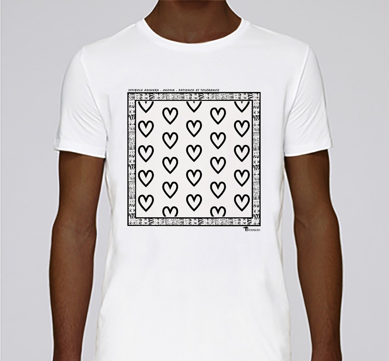 TEE SHIRT SYMBOLE ADINKRA  "AKOMA" TOLERANCE- PATIENCE, COULEUR: BLANC, FOND MOTIF: BLANC