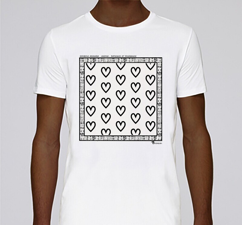 TEE SHIRT SYMBOLE ADINKRA  "AKOMA" TOLERANCE- PATIENCE, COULEUR: BLANC, FOND MOTIF: BLANC