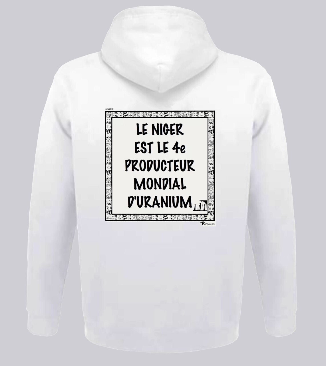 SWEAT A CAPUCHE ÉCONOMIE NIGER URANIUM, COULEUR: BLANC, FOND MOTIF: BLANC