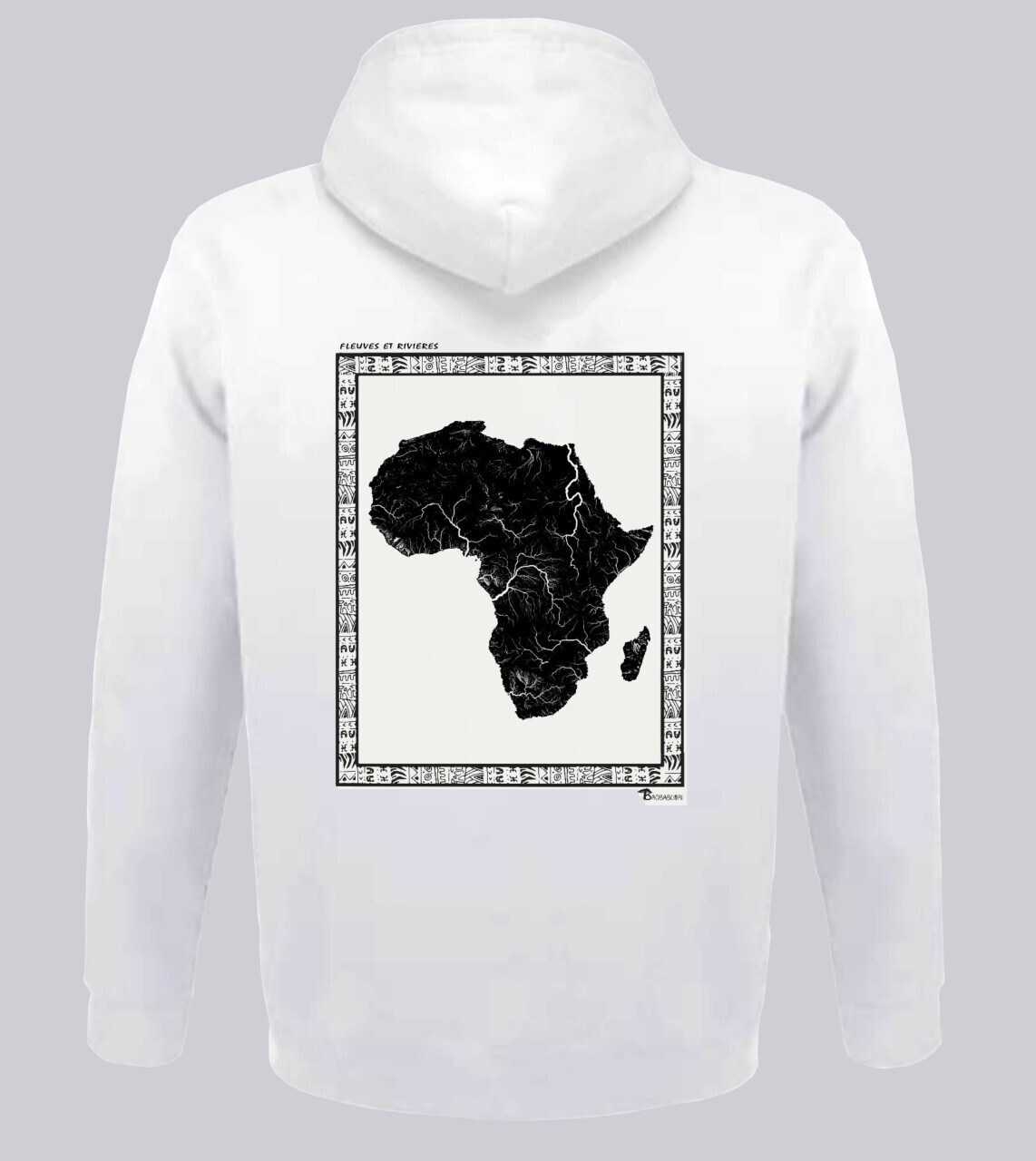 SWEAT A CAPUCHE GEOGRAPHIE FLEUVES ET RIVIERES, COULEUR: BLANC, FOND MOTIF: BLANC