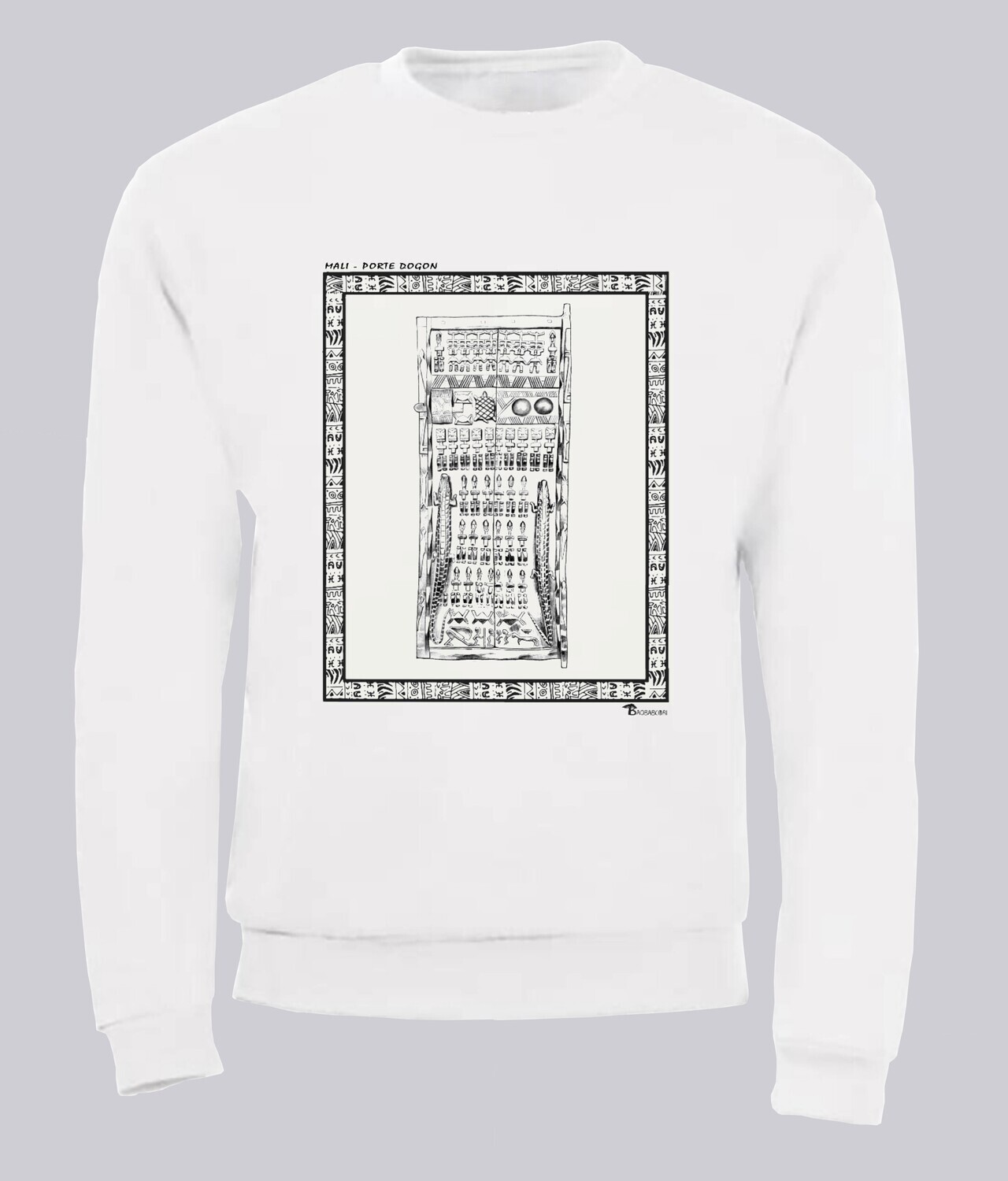 SWEAT ARCHITECTURE PORTE DOGON MALI, COULEUR: BLANC, FOND MOTIF: BLANC