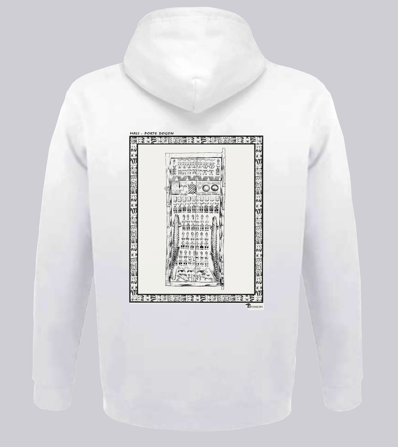 SWEAT A CAPUCHE ARCHITECTURE PORTE DOGON MALI, COULEUR: BLANC, FOND MOTIF: BLANC