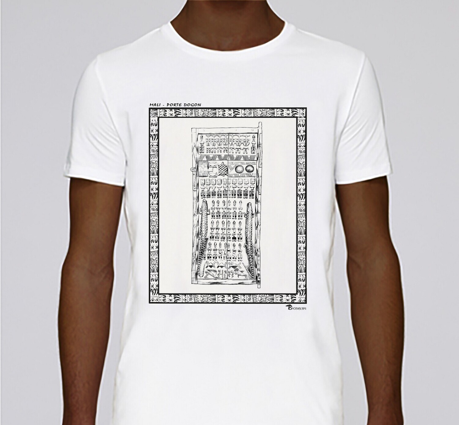 TEE SHIRT ARCHITECTURE PORTE DOGON MALI, COULEUR: BLANC, FOND MOTIF: BLANC