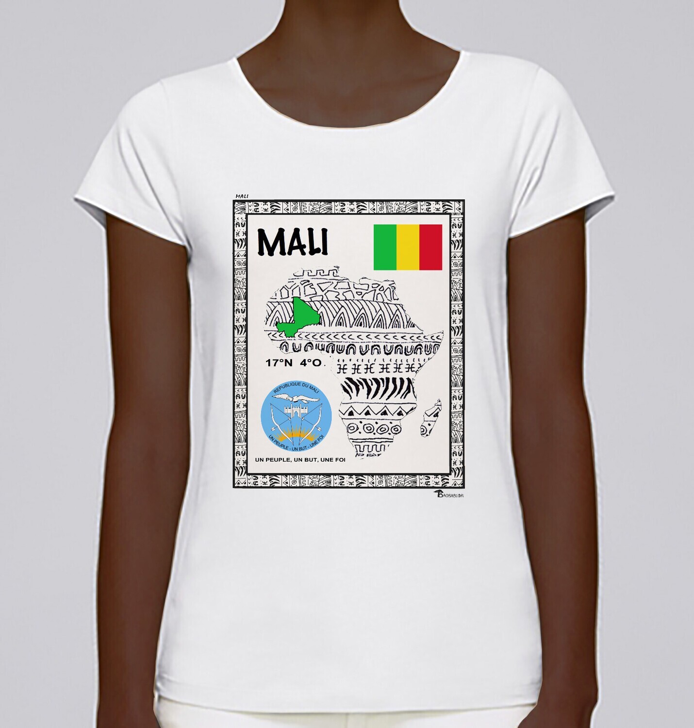 TEE SHIRT PAYS MALI, COULEUR: BLANC, FOND MOTIF: BLANC