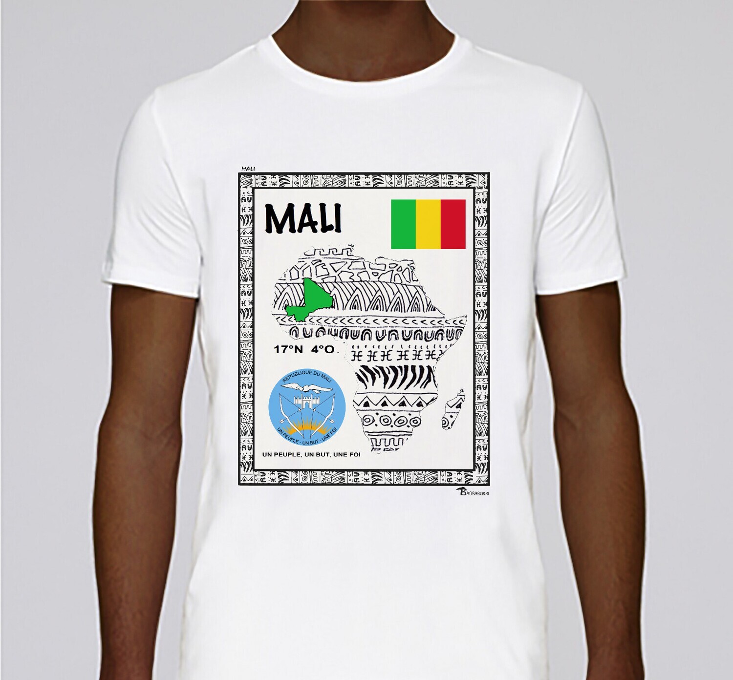 TEE SHIRT PAYS MALI, COULEUR: BLANC, FOND MOTIF: BLANC