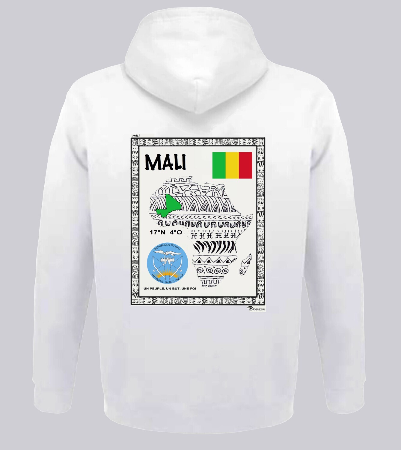 SWEAT A CAPUCHE PAYS MALI, COULEUR: BLANC, FOND MOTIF: BLANC