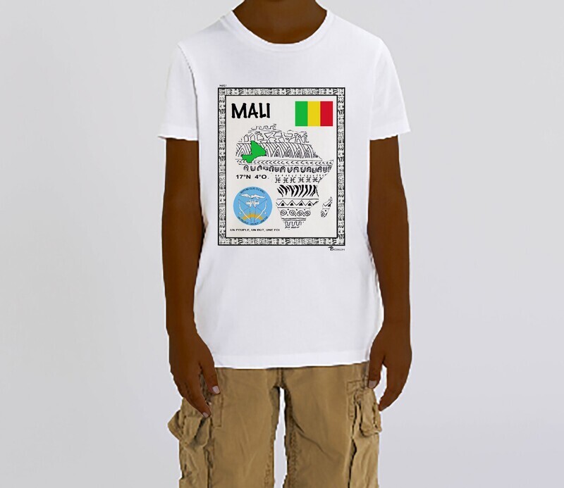 TEE SHIRT PAYS MALI, COULEUR: BLANC, FOND MOTIF: BLANC