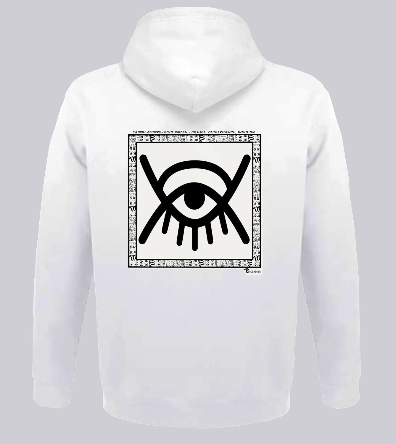 SWEAT A CAPUCHE SYMBOLE ADINKRA "KOJO BAIDEN" COSMOS - OMNIPRESENCE - INTUITION, COULEUR: BLANC, FOND MOTIF: BLANC
