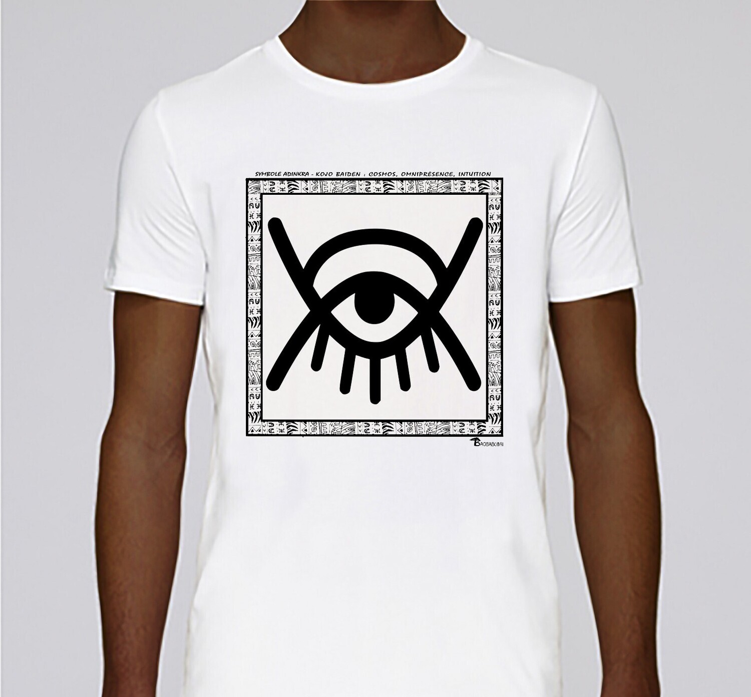 TEE SHIRT SYMBOLE ADINKRA  "KOJO BAIDEN" COSMOS - OMNIPRESENCE - INTUITION, COULEUR: BLANC, FOND MOTIF: BLANC