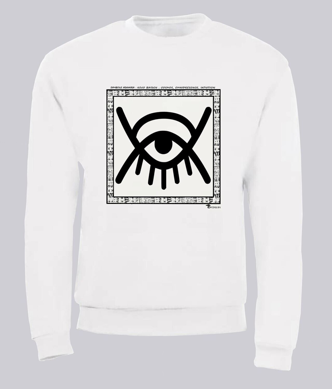 SWEAT SYMBOLE ADINKRA  "KOJO BAIDEN" COSMOS - OMNIPRESENCE - INTUITION, COULEUR: BLANC, FOND MOTIF: BLANC