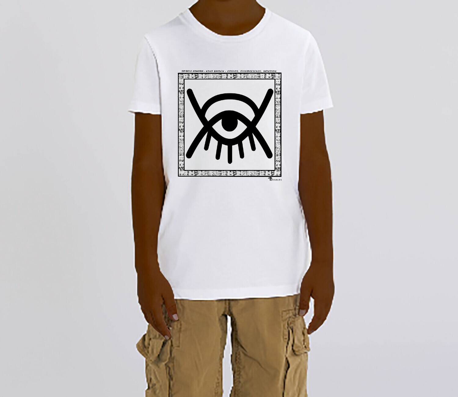TEE SHIRT SYMBOLE ADINKRA  "KOJO BAIDEN" COSMOS - OMNIPRESENCE - INTUITION, COULEUR: BLANC, FOND MOTIF: BLANC
