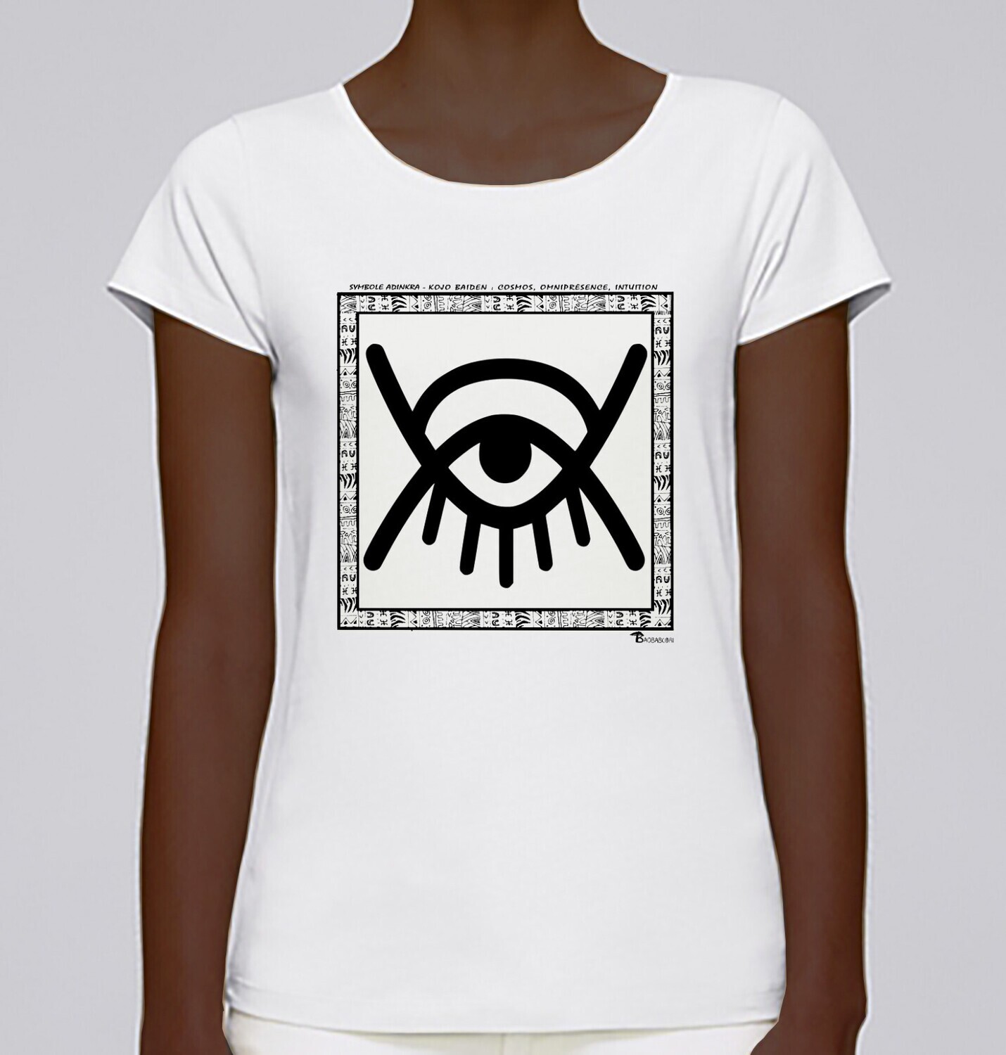TEE SHIRT SYMBOLE ADINKRA "KOJO BAIDEN" COSMOS - OMNIPRESENCE - INTUITION, COULEUR: BLANC, FOND MOTIF: BLANC