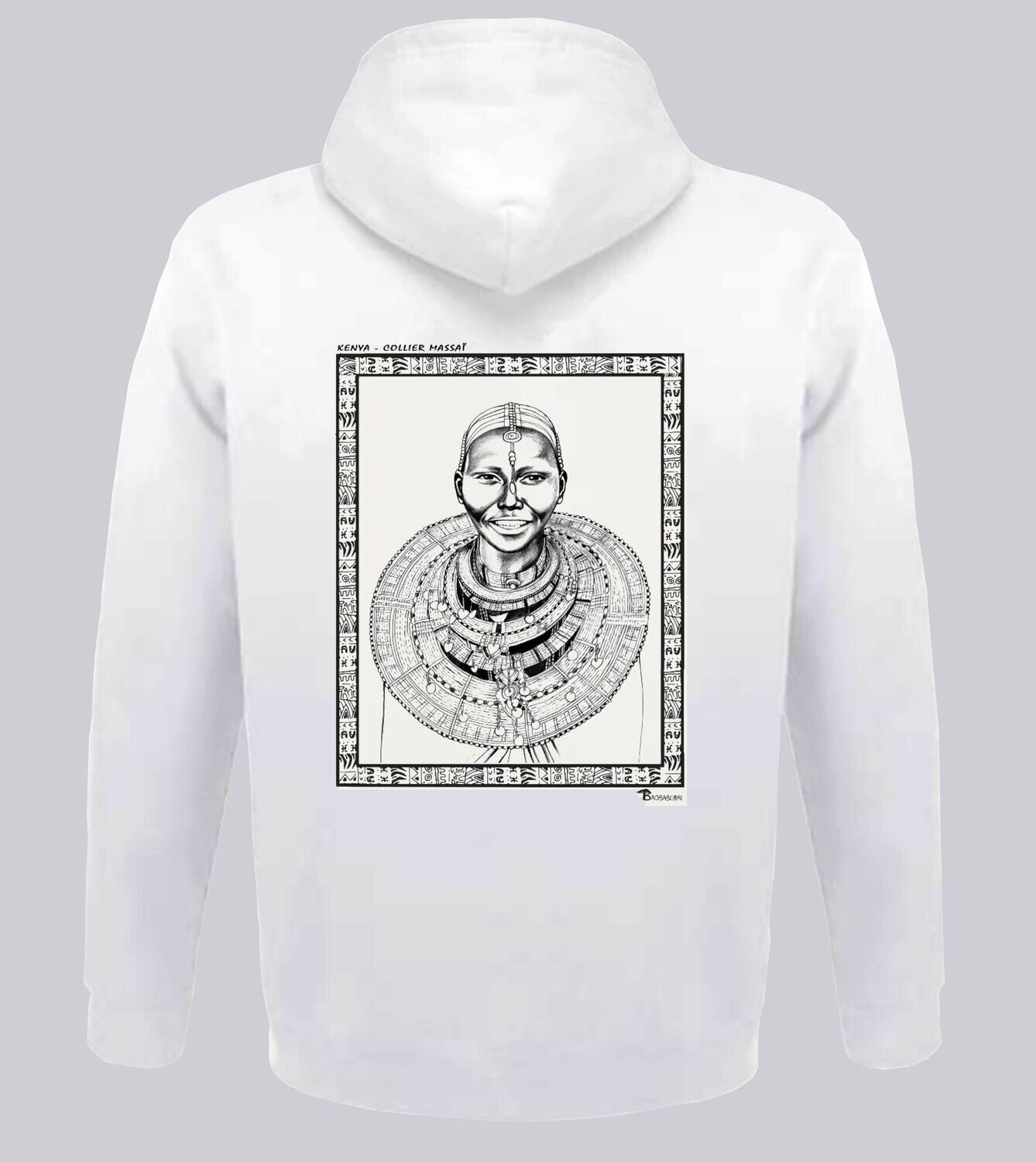 SWEAT A CAPUCHE FASHION BIJOUX COLLIER KENYA, COULEUR: BLANC, FOND MOTIF: BLANC