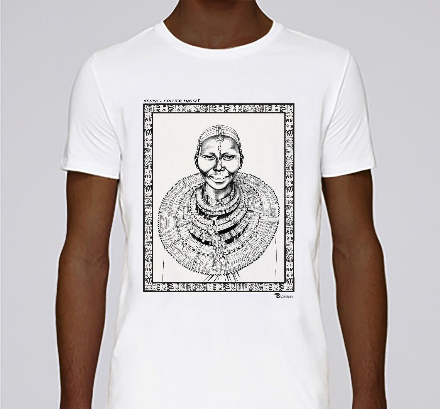 TEE SHIRT FASHION BIJOUX COLLIER KENYA, COULEUR: BLANC, FOND MOTIF: BLANC