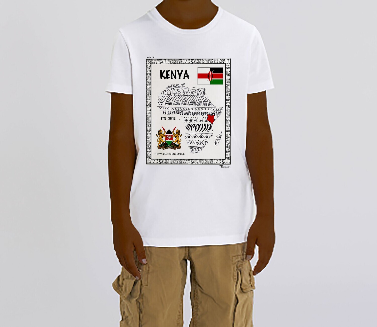 TEE SHIRT PAYS KENYA, COULEUR: BLANC, FOND MOTIF: BLANC