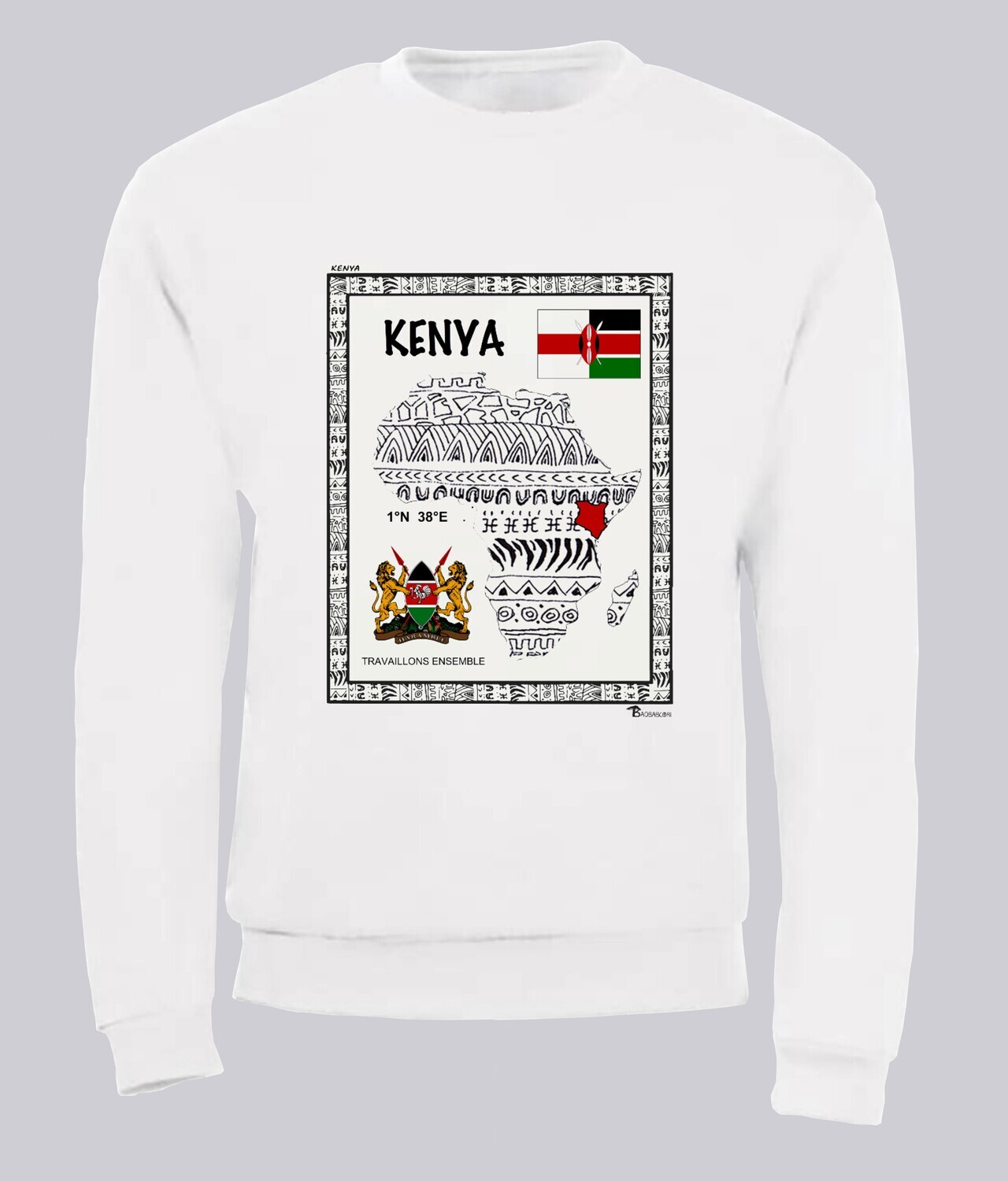 SWEAT PAYS KENYA, COULEUR: BLANC, FOND MOTIF: BLANC