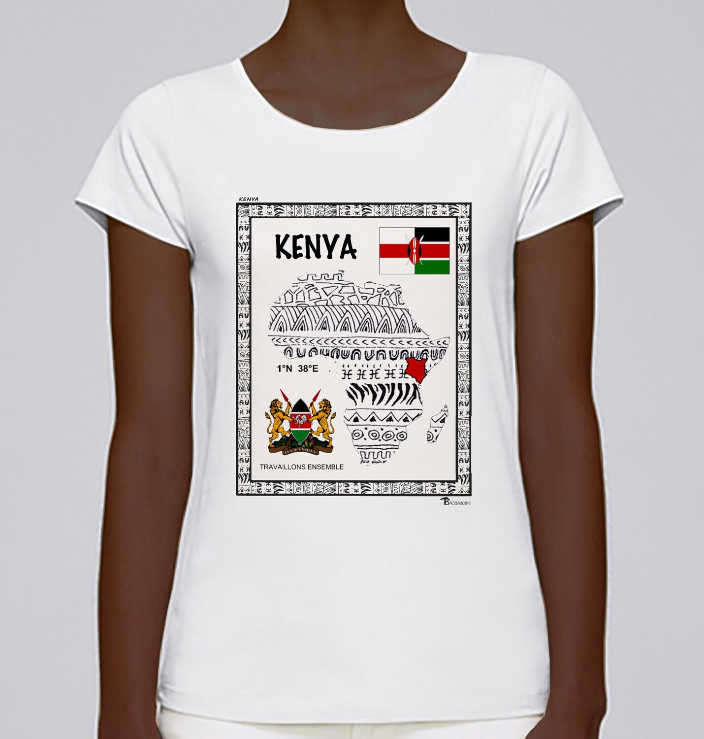 TEE SHIRT PAYS KENYA, COULEUR: BLANC, FOND MOTIF: BLANC