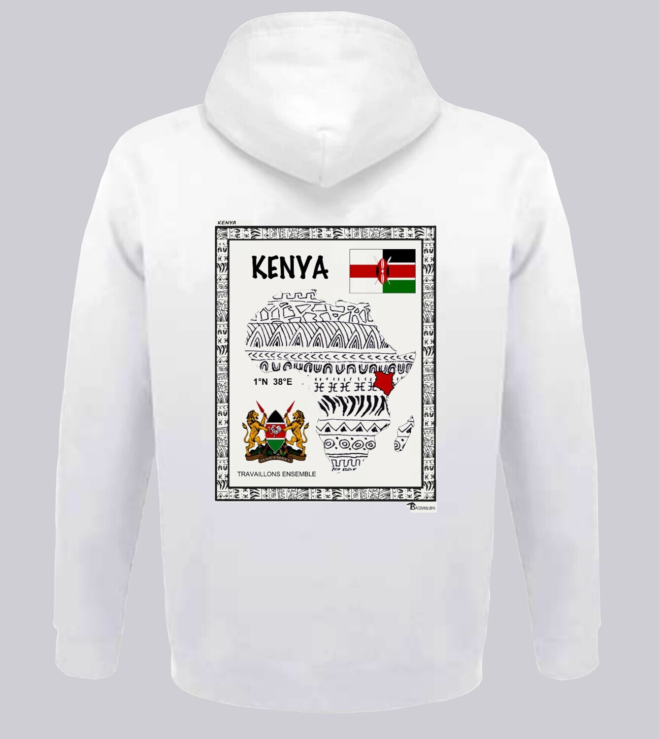 SWEAT A CAPUCHE PAYS KENYA, COULEUR: BLANC, FOND MOTIF: BLANC