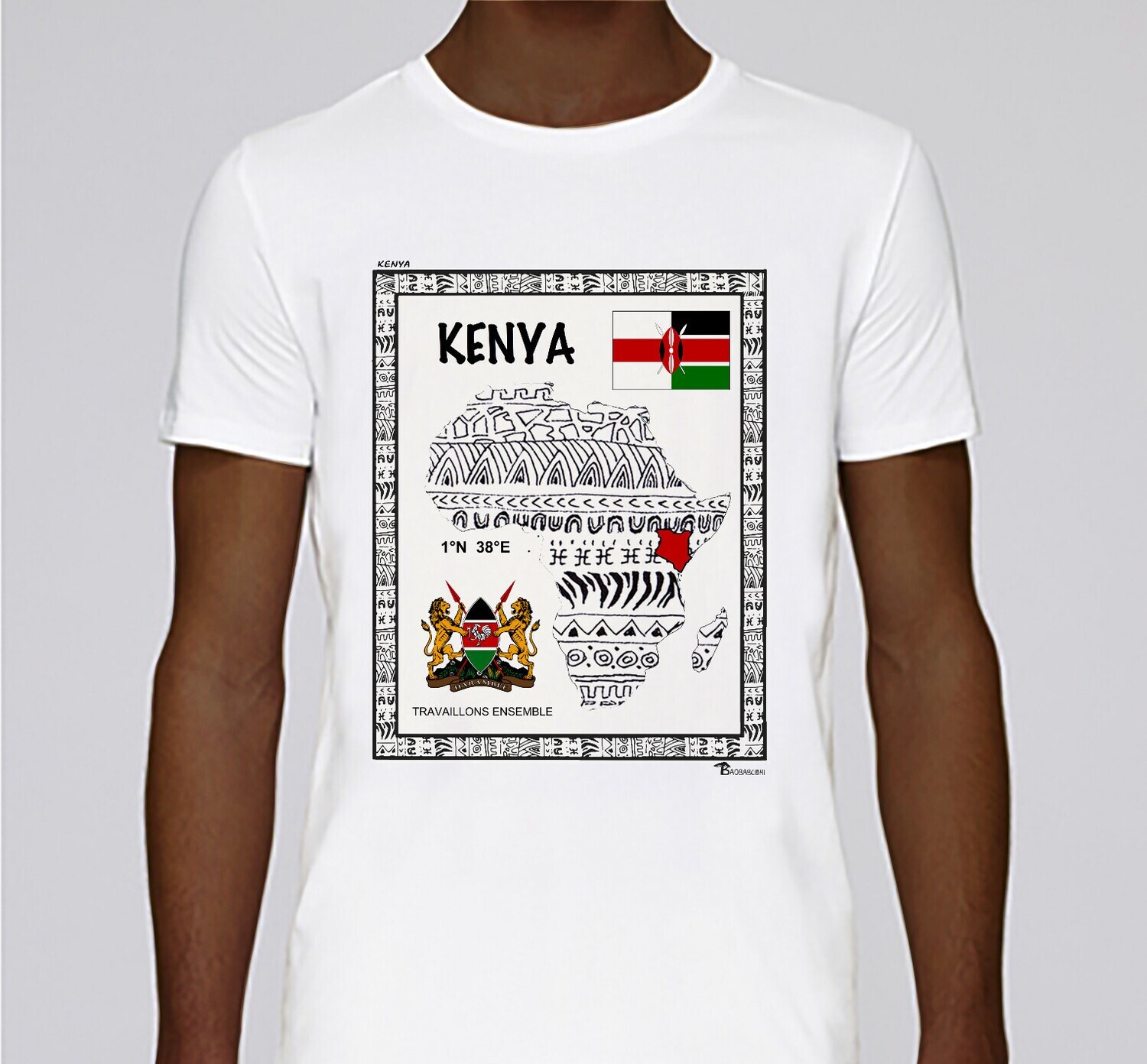 TEE SHIRT PAYS KENYA, COULEUR: BLANC, FOND MOTIF: BLANC
