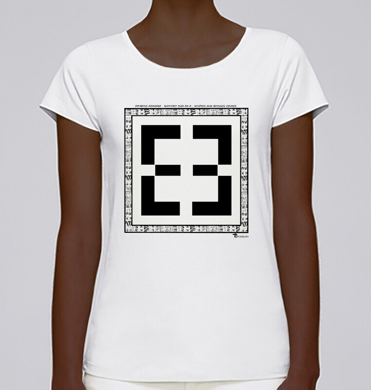 TEE SHIRT SYMBOLE ADINKRA "WOFORO DUA PA A" SOUTIEN AUX BONNES CAUSES, COULEUR: BLANC, FOND MOTIF: BLANC