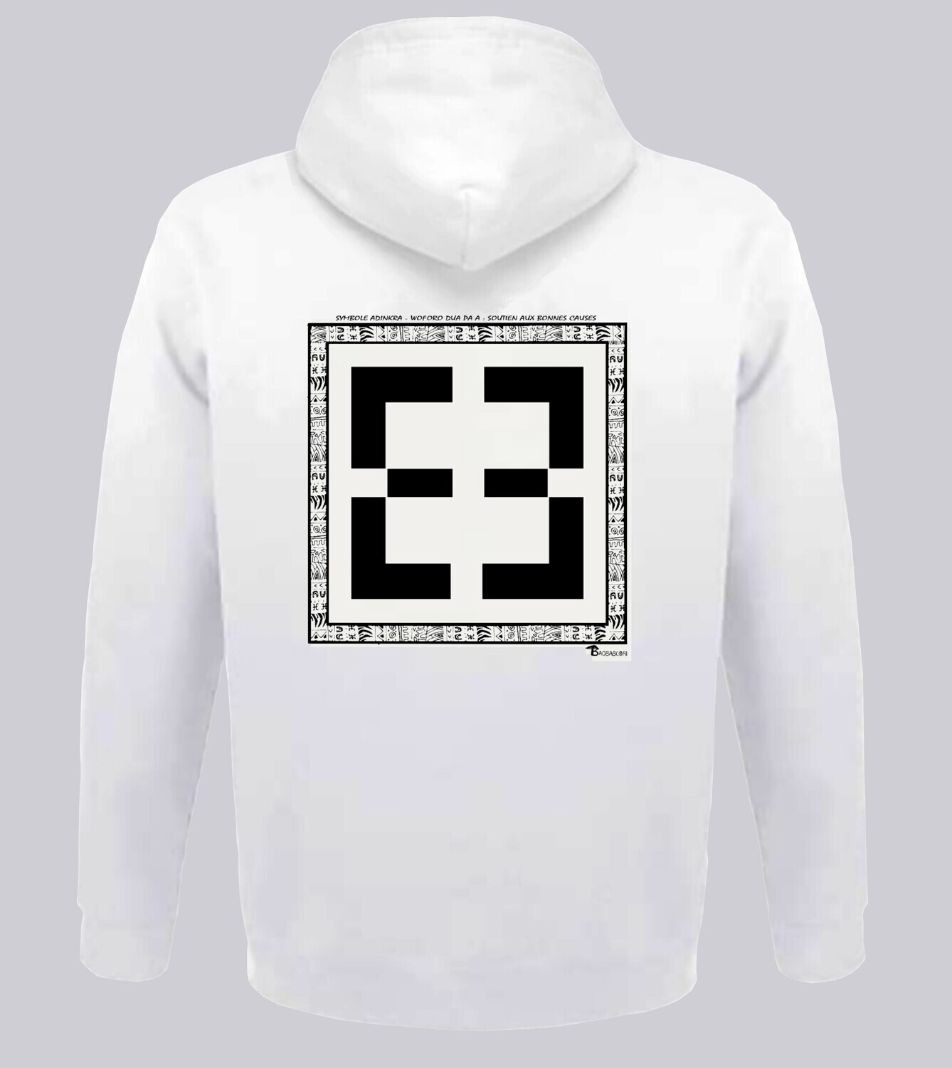 SWEAT A CAPUCHE SYMBOLE ADINKRA "WOFORO DUA PA A" SOUTIEN AUX BONNES CAUSES, COULEUR: BLANC, FOND MOTIF: BLANC