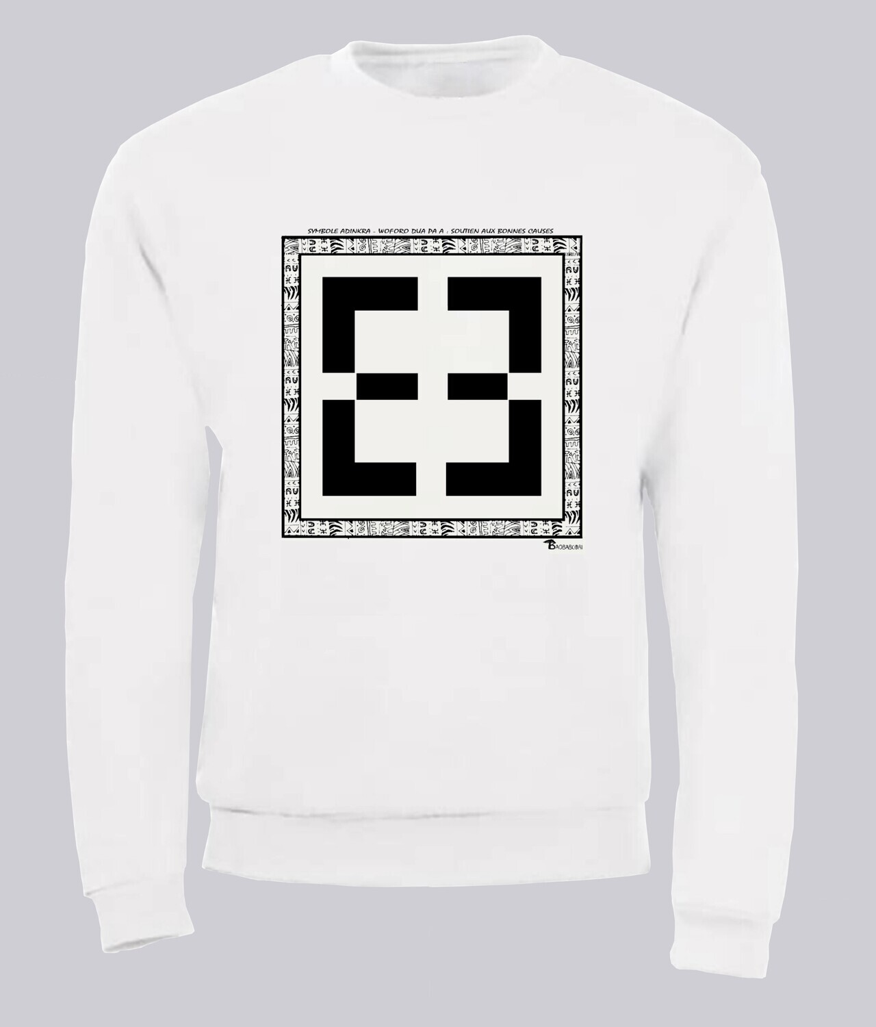 SWEAT SYMBOLE ADINKRA  "WOFORO DUA PA A" SOUTIEN AUX BONNES CAUSES, COULEUR: BLANC, FOND MOTIF: BLANC