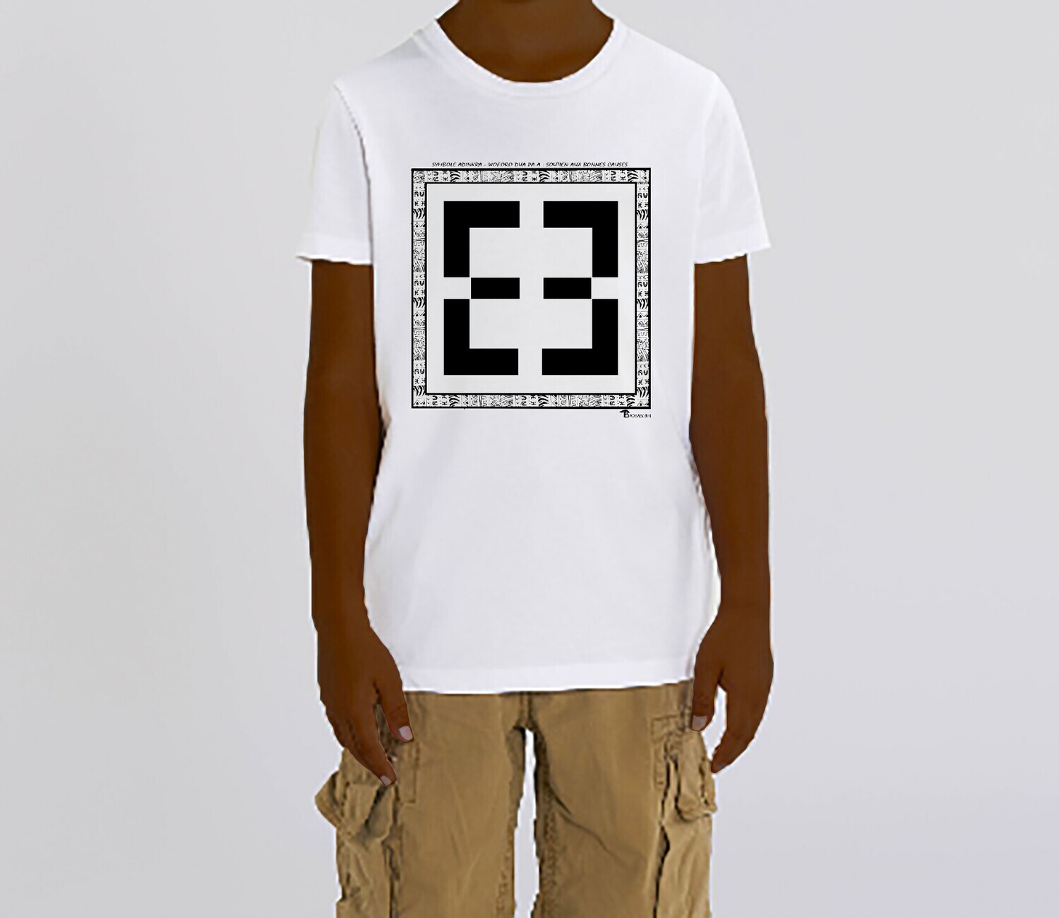 TEE SHIRT SYMBOLE ADINKRA  "WOFORO DUA PA A" SOUTIEN AUX BONNES CAUSES, COULEUR: BLANC, FOND MOTIF: BLANC
