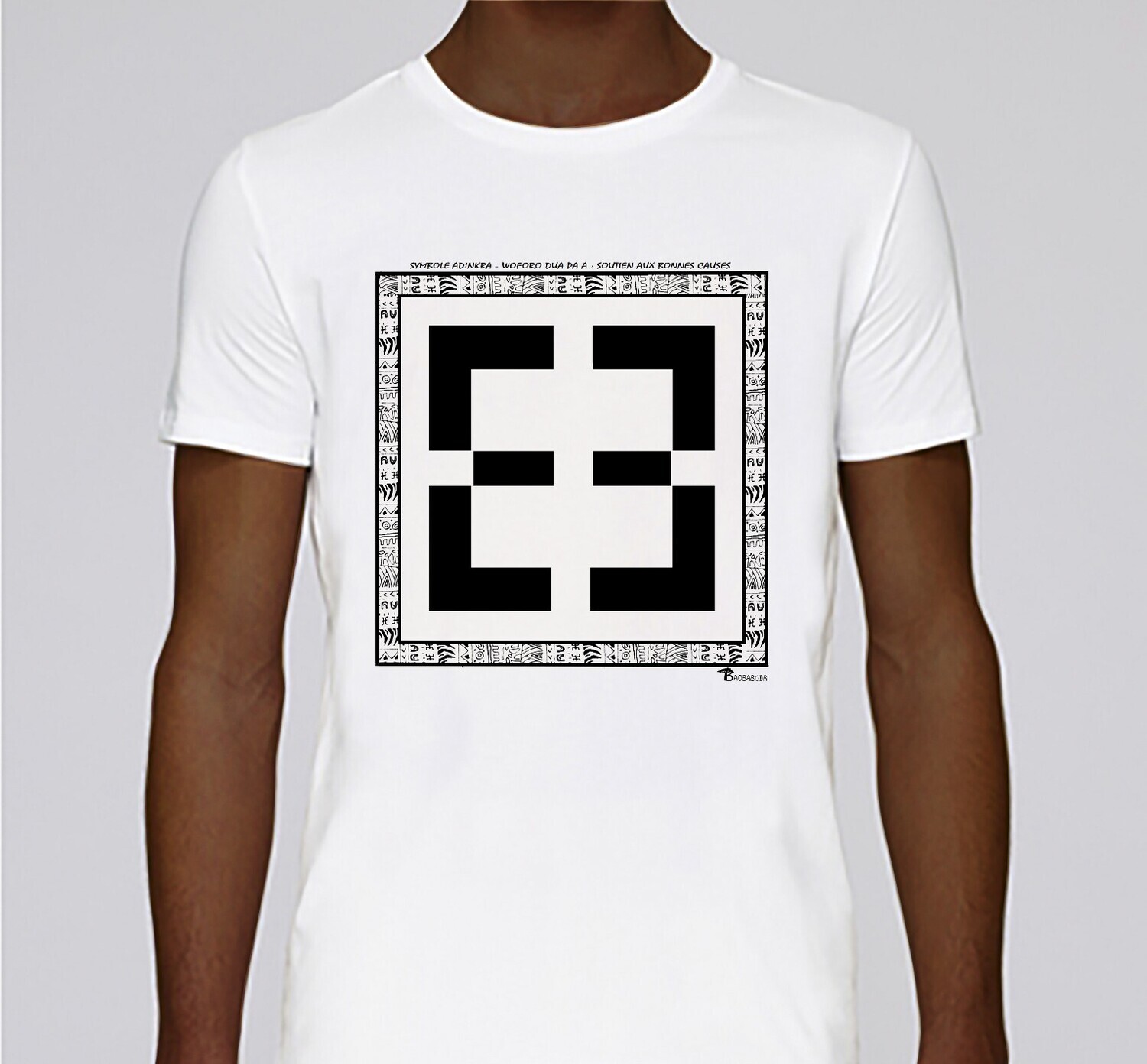 TEE SHIRT SYMBOLE ADINKRA "WOFORO DUA PA A" SOUTIEN AUX BONNES CAUSES, COULEUR: BLANC, FOND MOTIF: BLANC