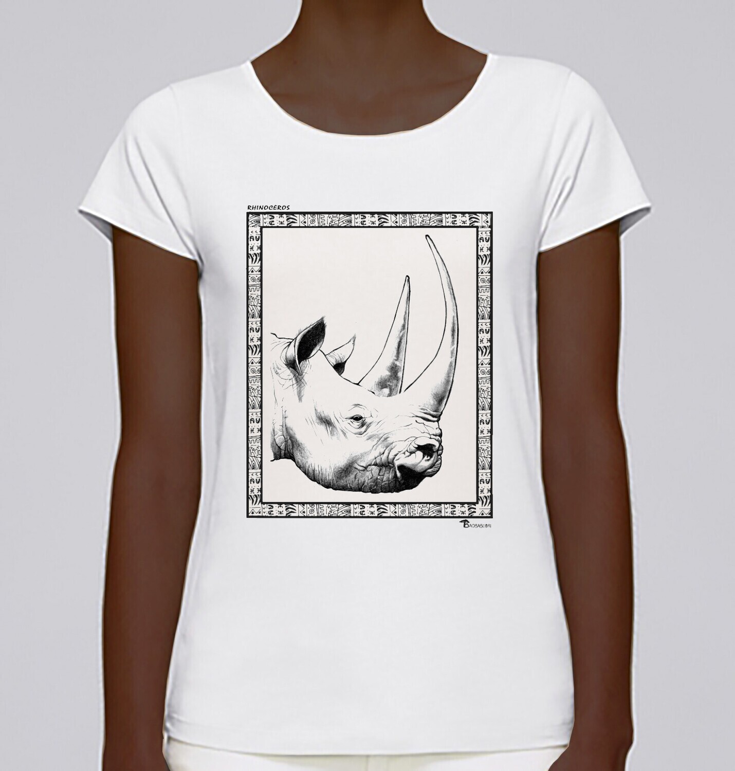 TEE SHIRT FAUNE RHINOCEROS, COULEUR: BLANC, FOND MOTIF: BLANC