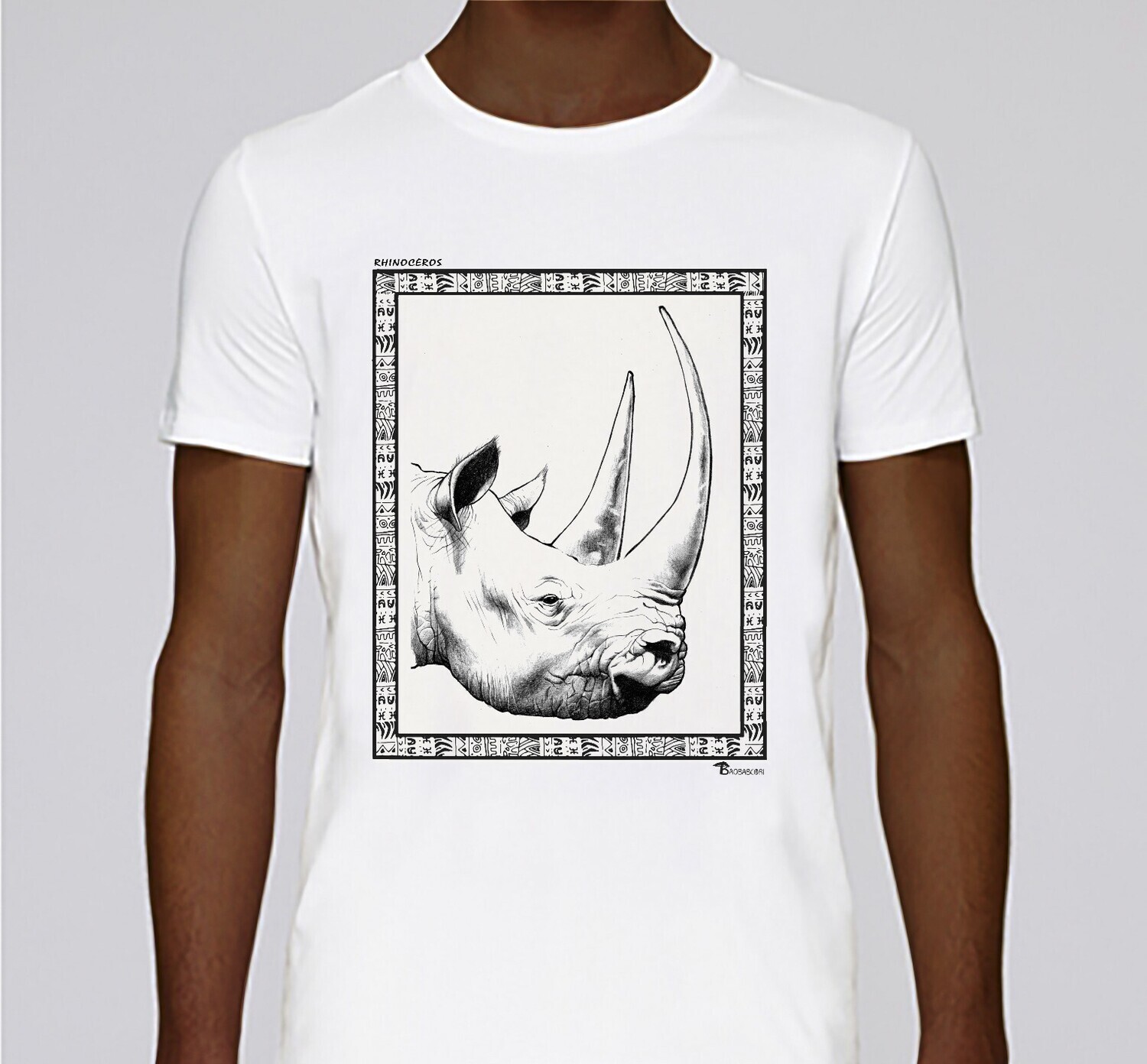 TEE SHIRT FAUNE RHINOCEROS, COULEUR: BLANC, FOND MOTIF: BLANC