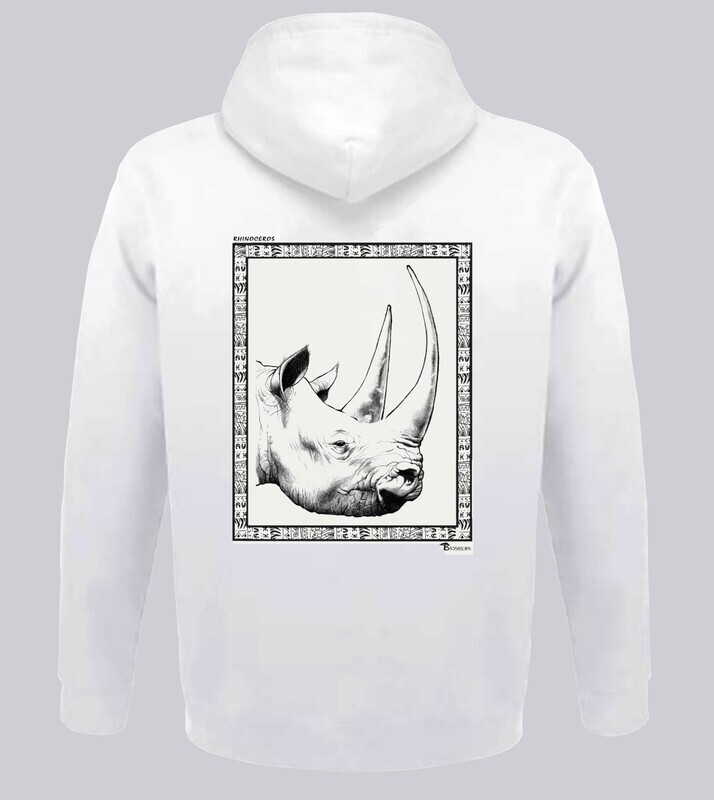 SWEAT A CAPUCHE FAUNE RHINOCEROS, COULEUR: BLANC, FOND MOTIF: BLANC