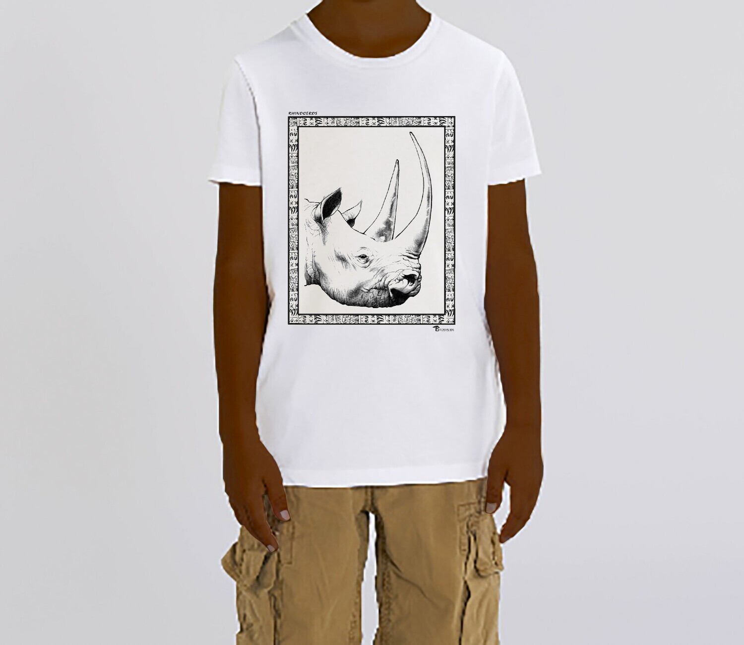 TEE SHIRT FAUNE RHINOCEROS, COULEUR: BLANC, FOND MOTIF: BLANC