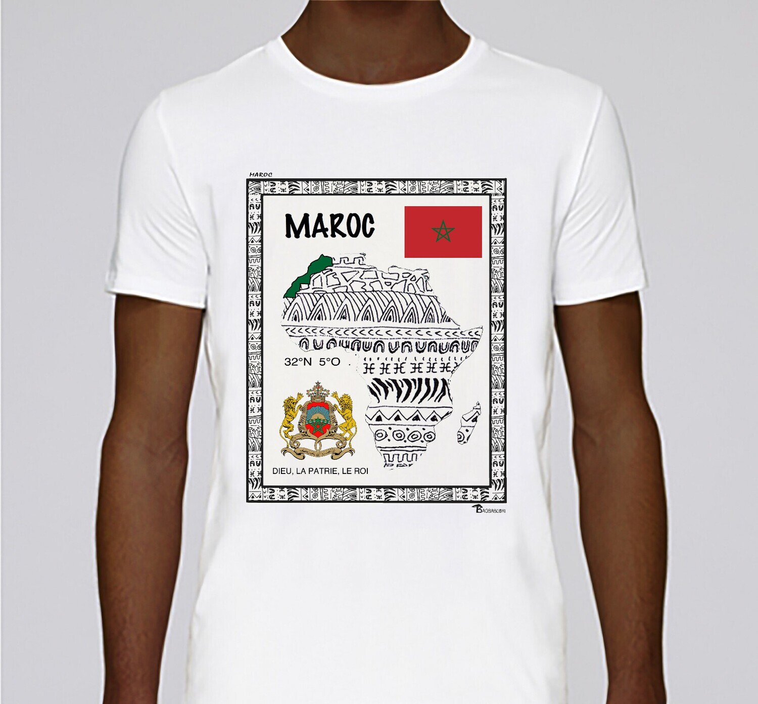 TEE SHIRT PAYS MAROC, COULEUR: BLANC, FOND MOTIF: BLANC