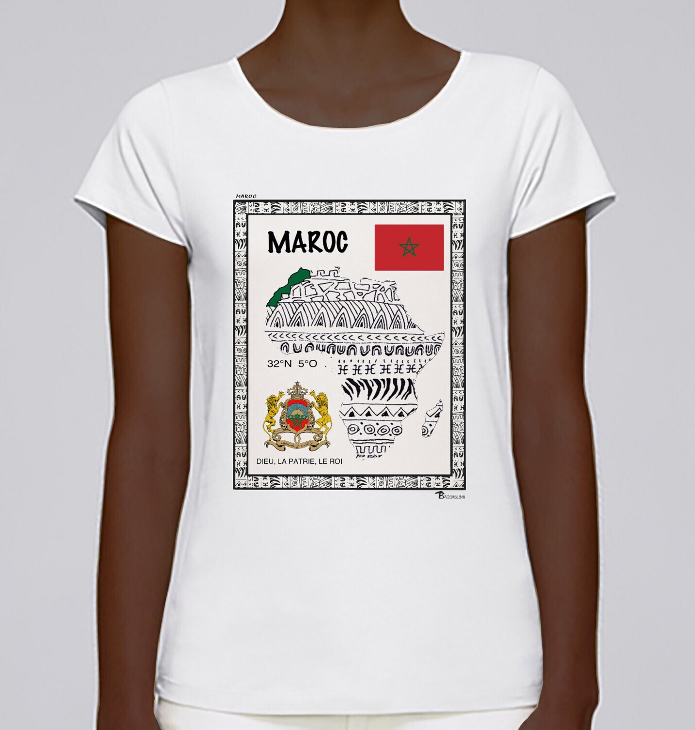 TEE SHIRT PAYS MAROC, COULEUR: BLANC, FOND MOTIF: BLANC