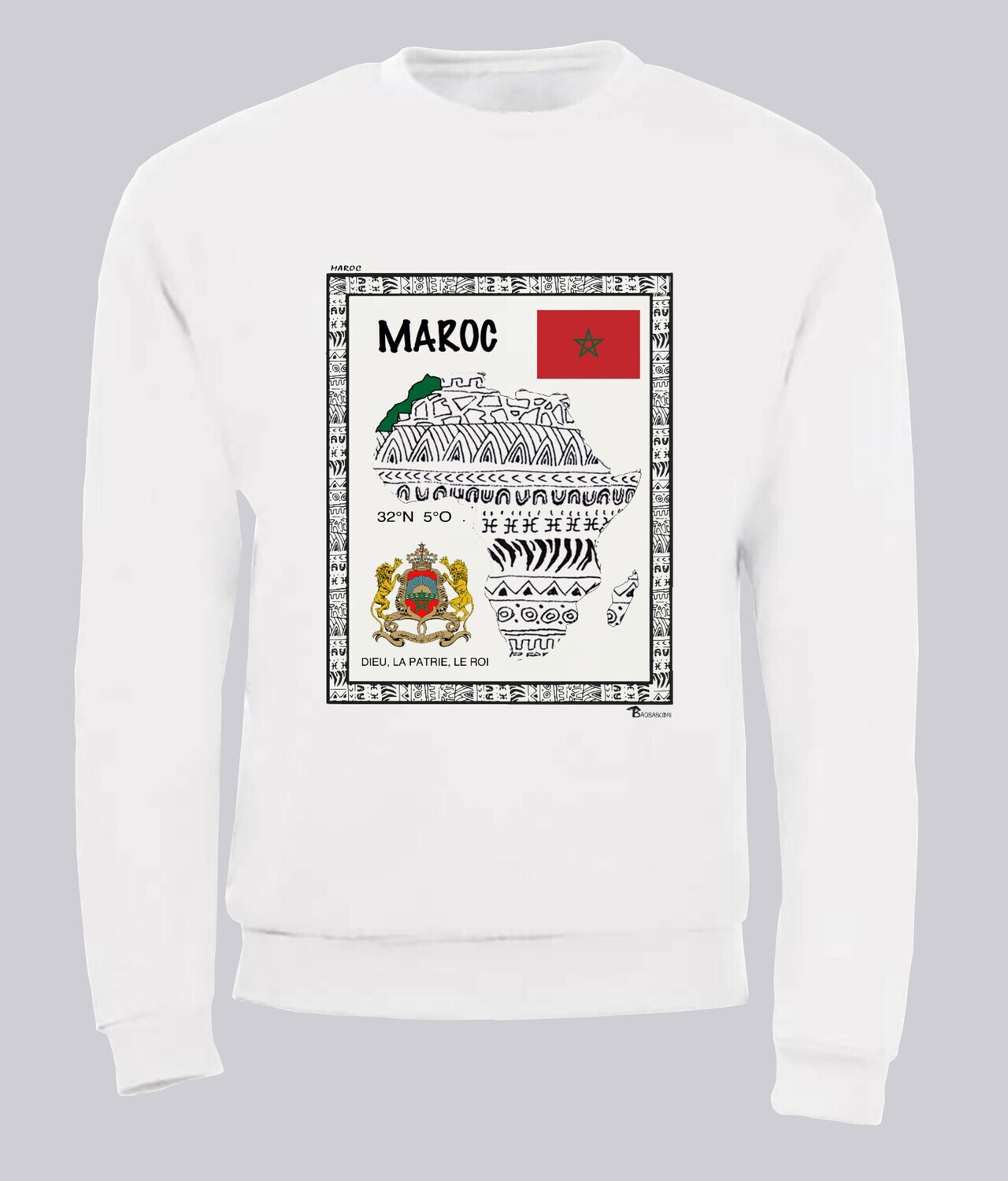 SWEAT PAYS MAROC, COULEUR: BLANC, FOND MOTIF: BLANC