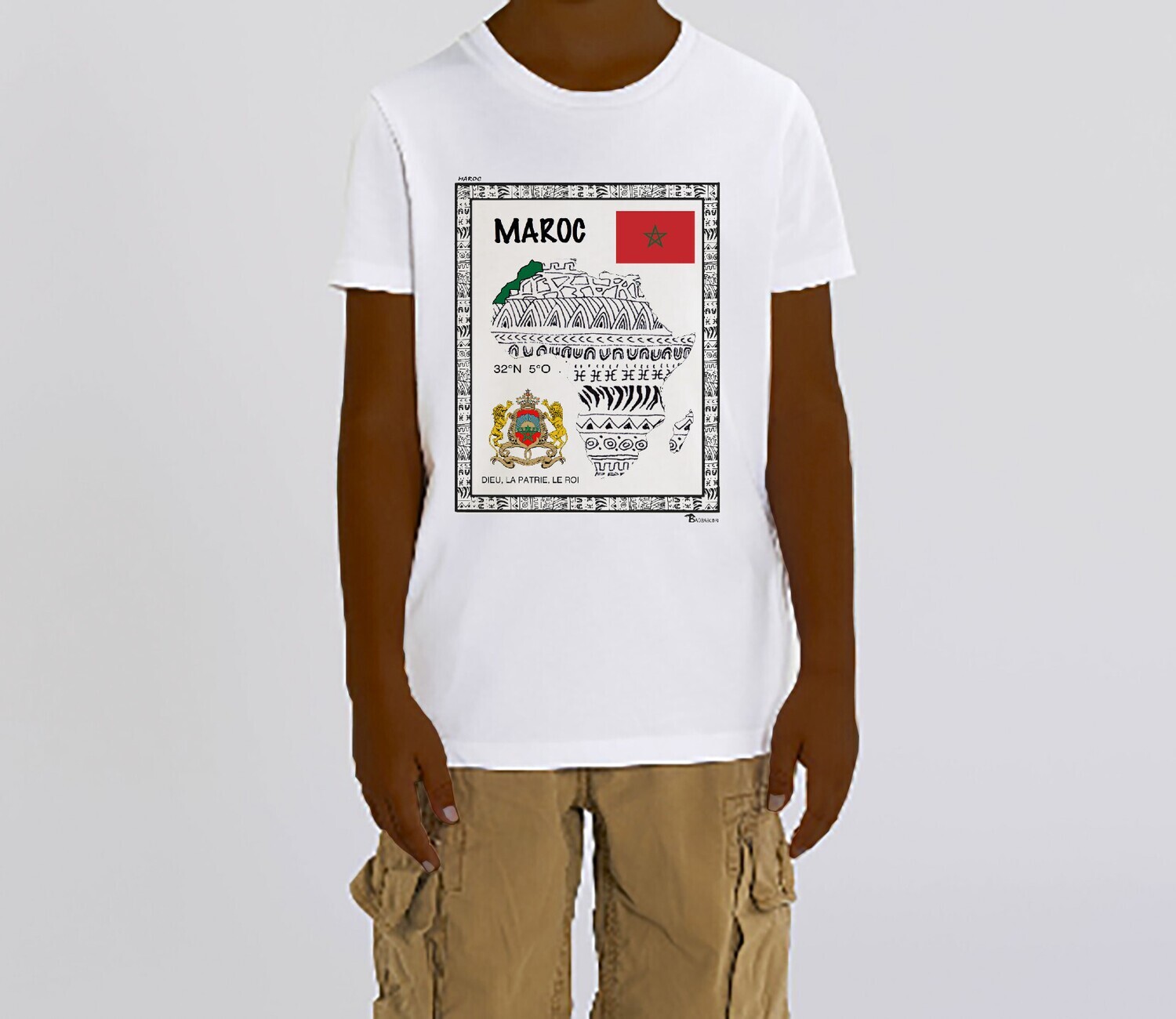 TEE SHIRT PAYS MAROC, COULEUR: BLANC, FOND MOTIF: BLANC
