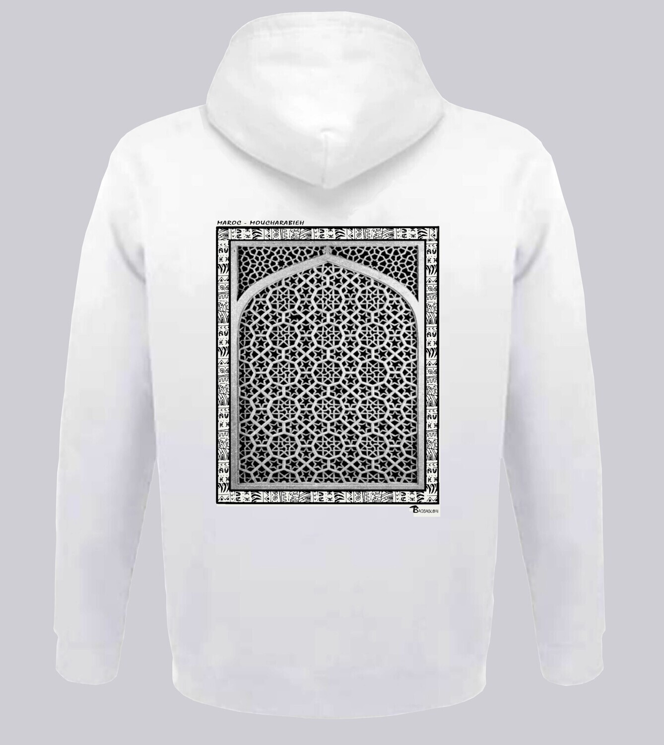 SWEAT A CAPUCHE ARCHITECTURE MOUCHARABIEH MAROC, COULEUR: BLANC