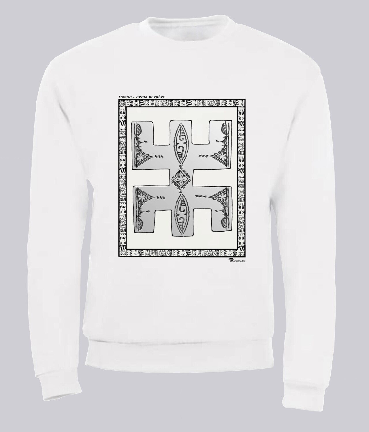 SWEAT FASHION BIJOUX CROIX BERBERE MAROC, COULEUR: BLANC, FOND MOTIF: BLANC