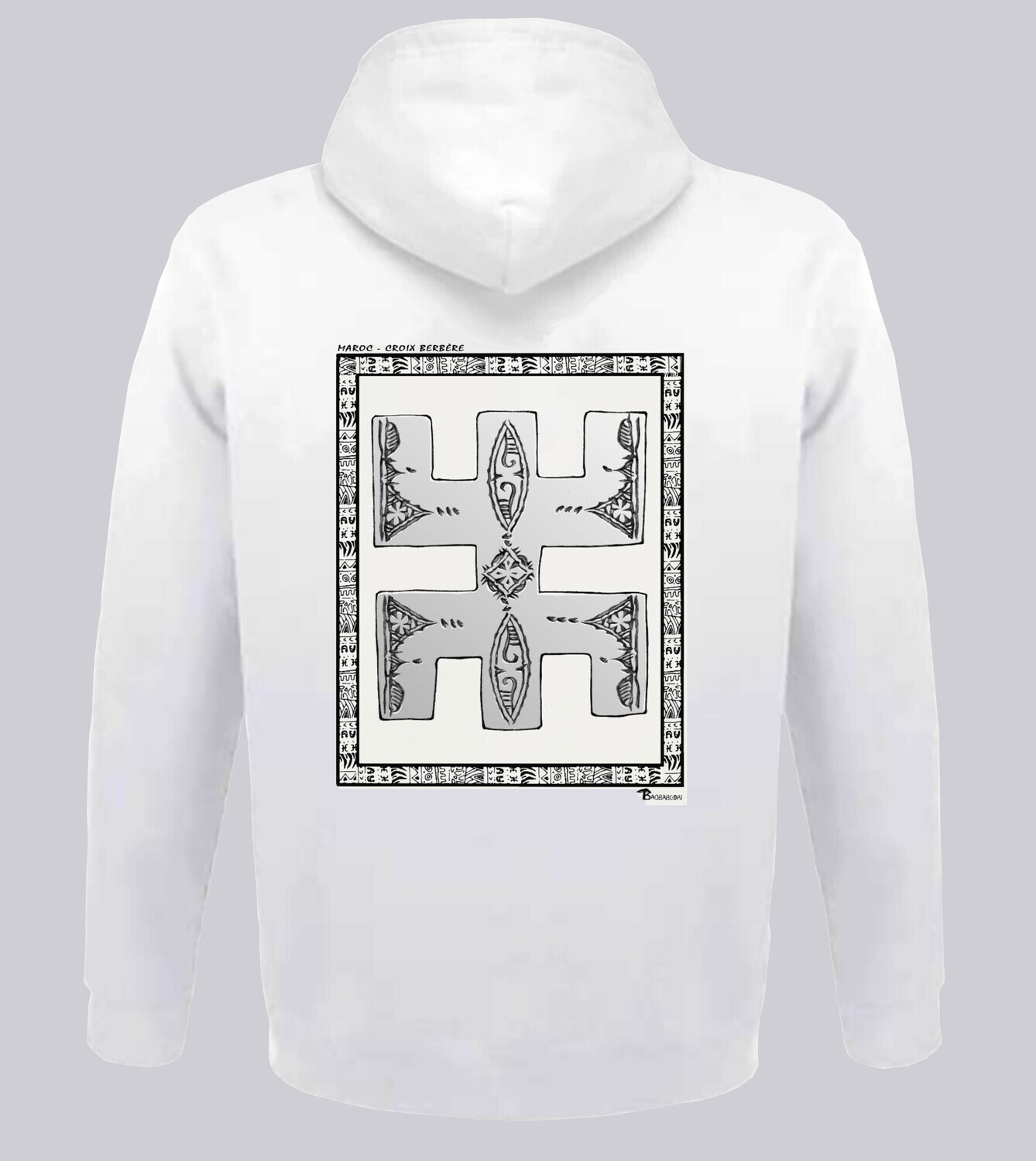 SWEAT A CAPUCHE FASHION BIJOUX CROIX BERBERE MAROC, COULEUR: BLANC, FOND MOTIF: BLANC