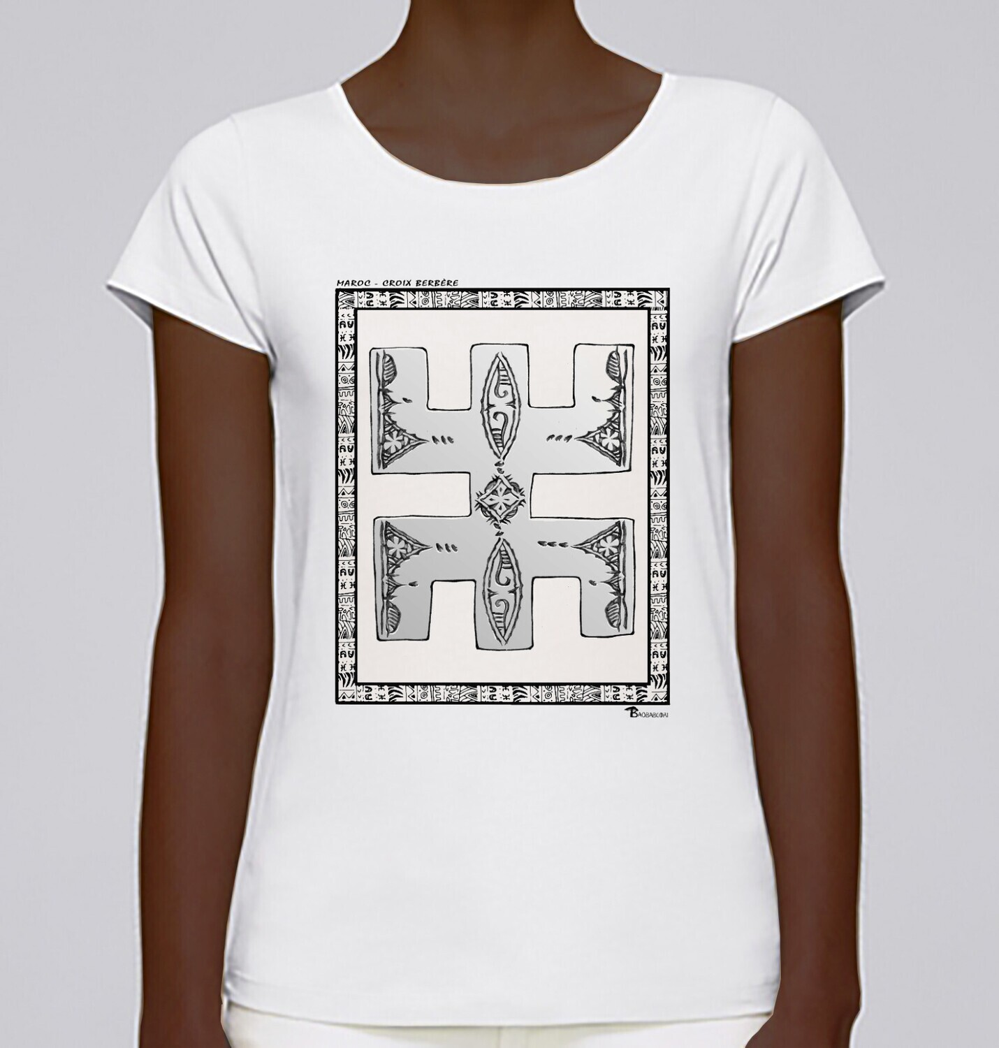 TEE SHIRT FASHION BIJOUX CROIX BERBERE MAROC, COULEUR: BLANC, FOND MOTIF: BLANC