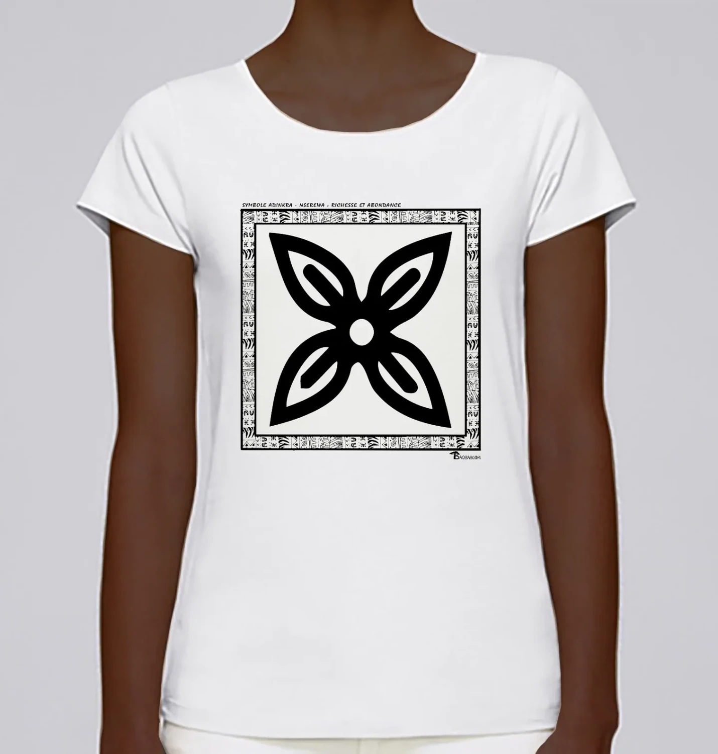 TEE SHIRT SYMBOLE ADINKRA "NSEREWA"  RICHESSE - ABONDANCE, COULEUR: BLANC, FOND MOTIF: BLANC