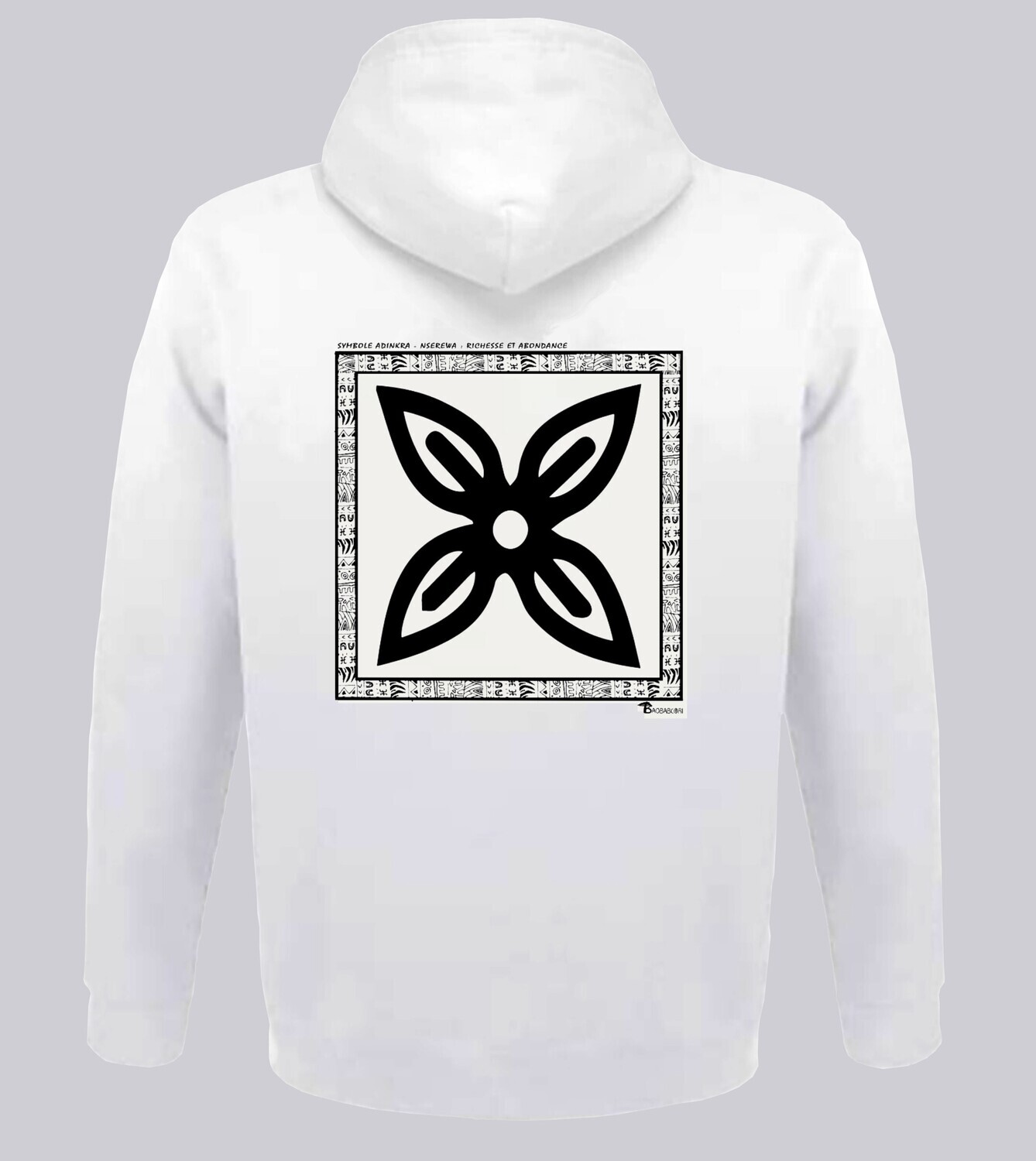 SWEAT A CAPUCHE SYMBOLE ADINKRA "NSEREWA"  RICHESSE - ABONDANCE, COULEUR: BLANC, FOND MOTIF: BLANC