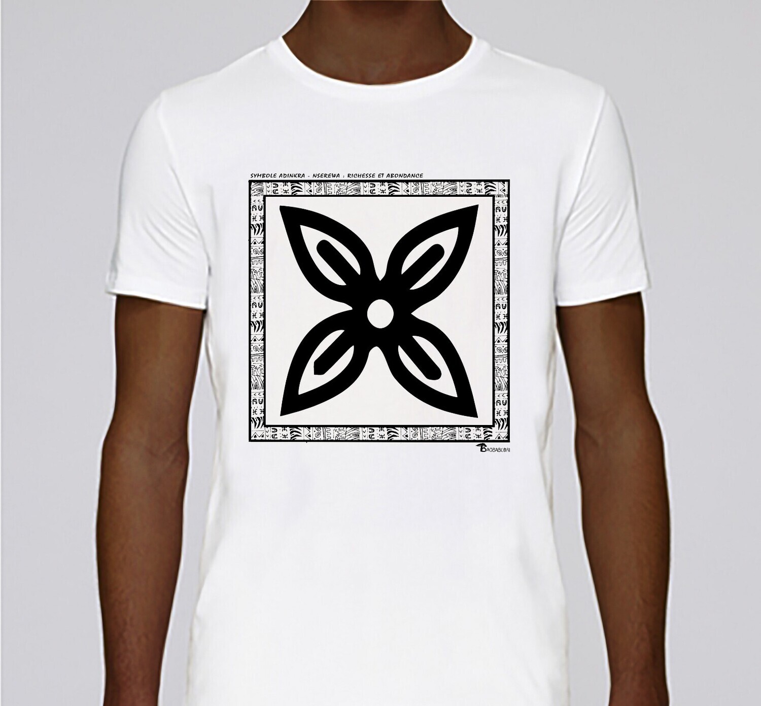 TEE SHIRT SYMBOLE ADINKRA  "NSEREWA"  RICHESSE - ABONDANCE, COULEUR: BLANC, FOND MOTIF: BLANC