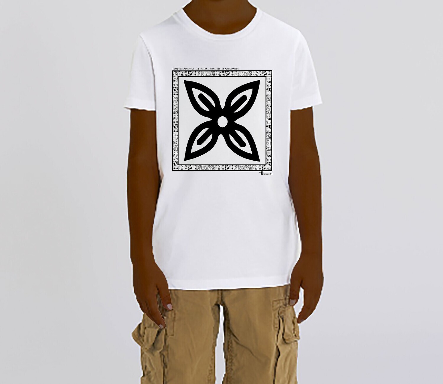 TEE SHIRT SYMBOLE ADINKRA  "NSEREWA"  RICHESSE - ABONDANCE, COULEUR: BLANC, FOND MOTIF: BLANC
